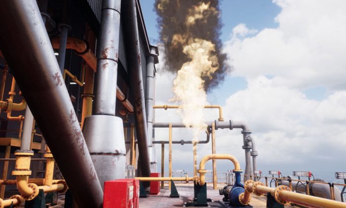 Uma grande instalação industrial que emite uma nuvem significativa de fumo negro e chamas a partir de uma estrutura de tubos, rodeada por tubos amarelos e prateados, sob um céu parcialmente nublado.