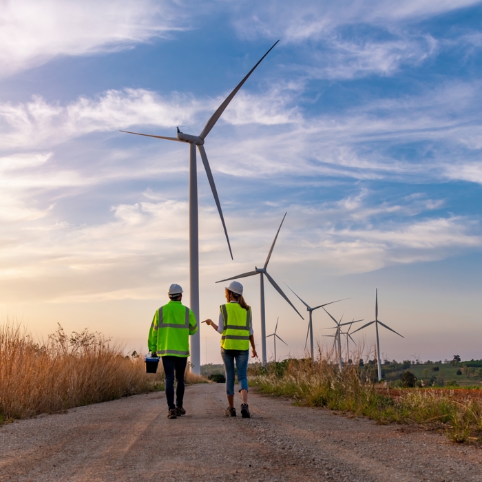 Two people in safety vests walk on a path surrounded by wind turbines under a blue sky, participating in valuable training on renewable energy.