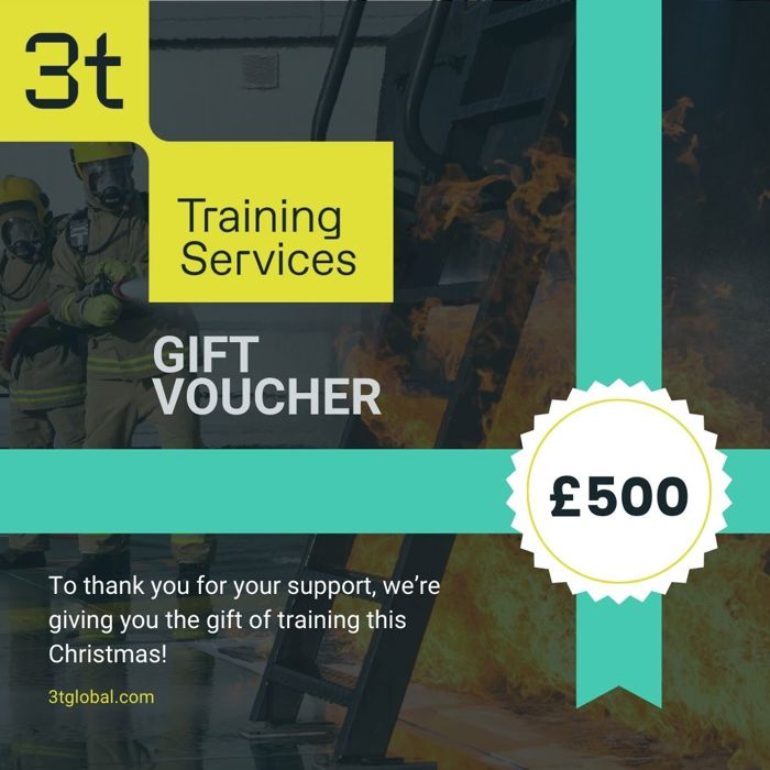 Gift voucher for 3t Training Services worth £500, showcasing courageous firefighters against a backdrop of blazing flames.