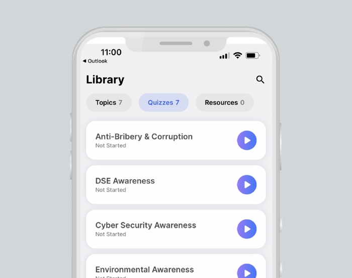 A smartphone screen shows the "Library" section of an app with selected "Quizzes" tab displaying various quiz titles including Anti-Bribery & Corruption, DSE Awareness, and Cyber Security Awareness.