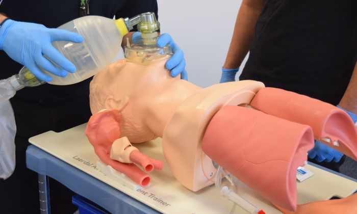 Two individuals practice CPR and ventilation techniques on a medical mannequin torso using a bag valve mask.