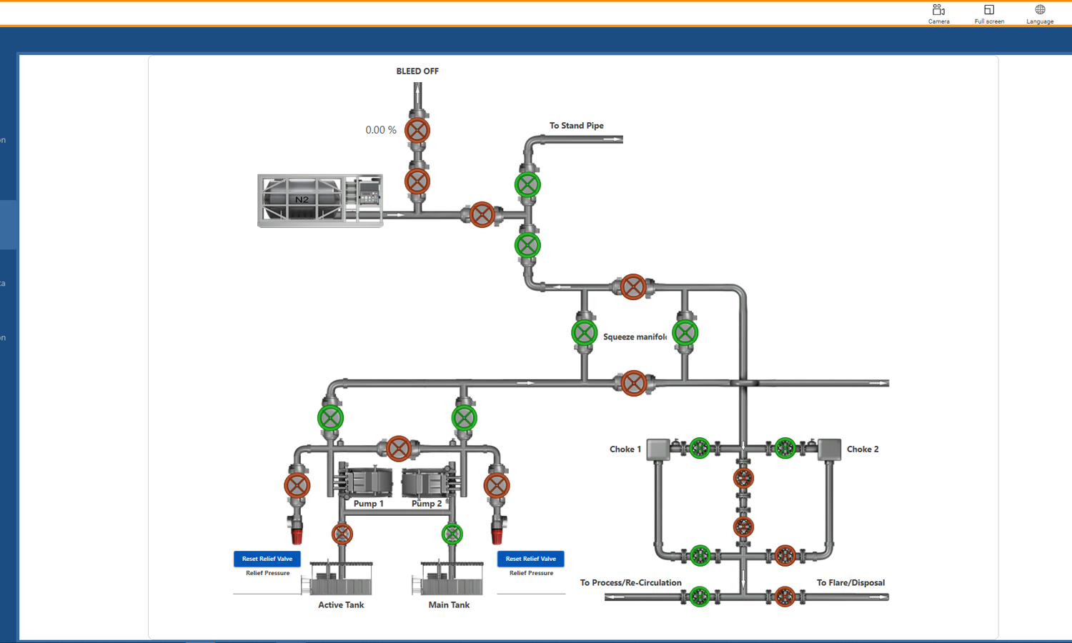 A detailed industrial piping and instrumentation diagram featuring valves, pumps, tanks, and control points, with a sidebar menu for navigation on the left.