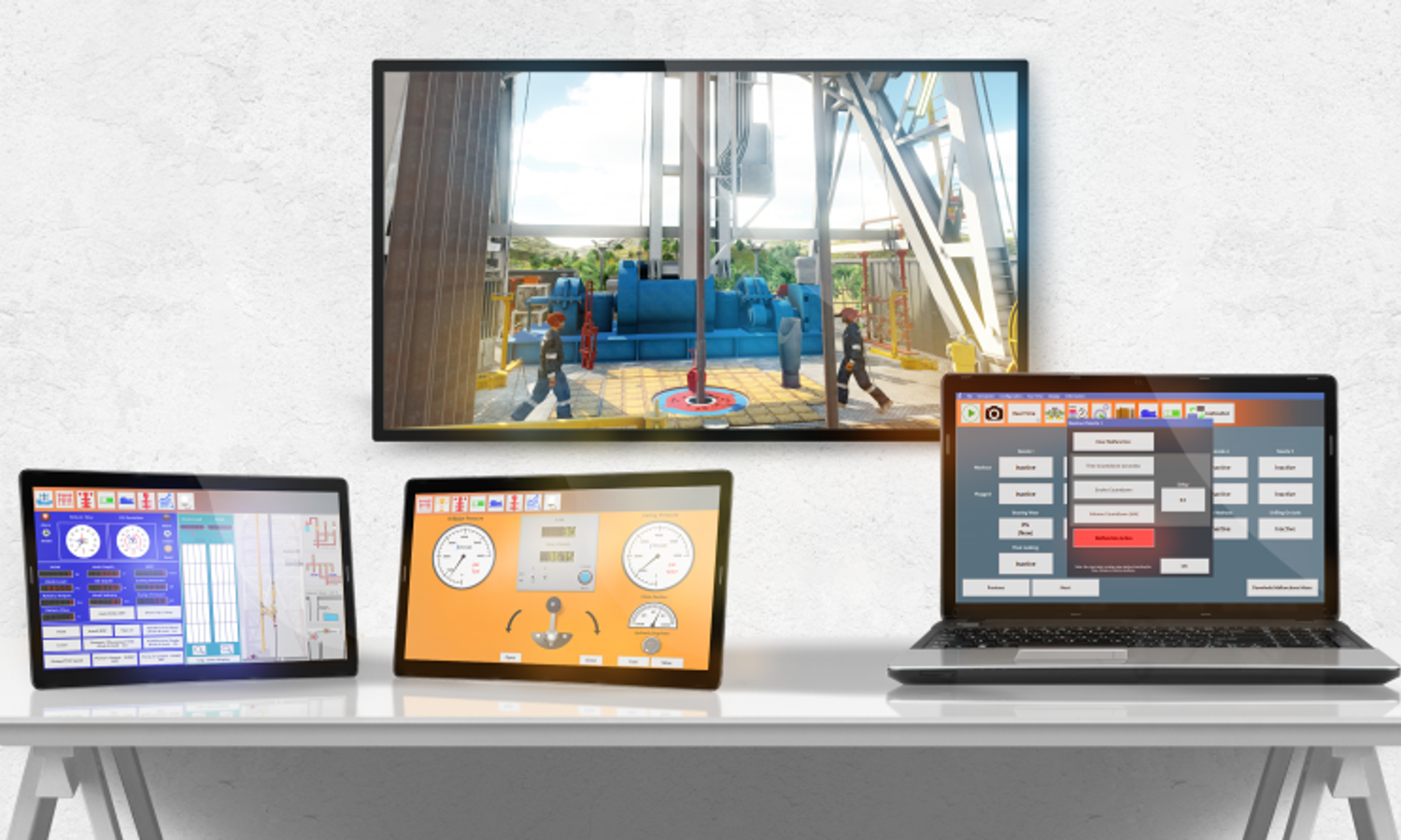 A desk displays a tablet, two monitors, and a laptop showing various technical interfaces and a video feed of an industrial site on a wall-mounted screen.